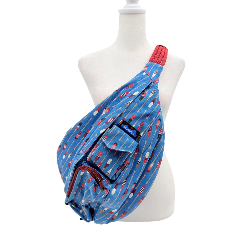 Kavu Original‎ Rope Bag in Blue Oars Print Medium Size Crossbody Canvas Zipper
